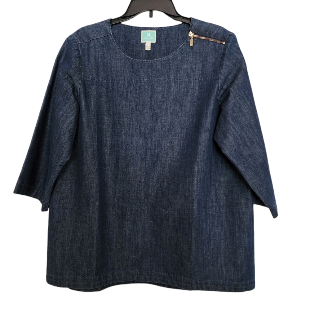 Martha Stewart Everyday Ava Zip blue Denim 3/4 Sleeve Top Large